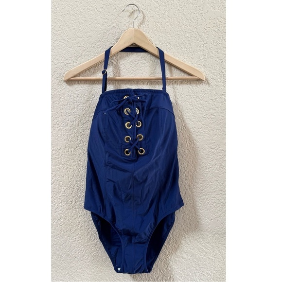 VENUS Swimsuit Blue Lace-Up One Piece Strapless Grommet Stylish Beach 12 NWOT - Picture 3 of 11